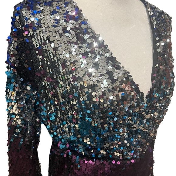 The Vintage Shop Ombré Long Sleeve Sequin Mini Dress Faux Wrap Skirt Size Small - Picture 8 of 15